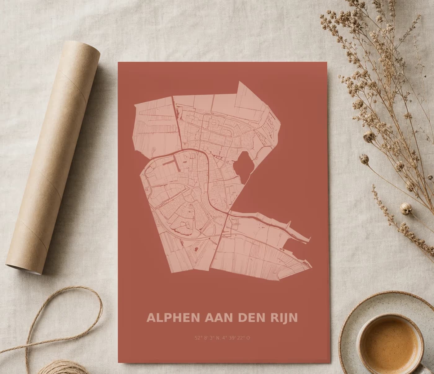 Poster van Alphen aan den Rijn, gestyled met gedroogde bloemen en koffie