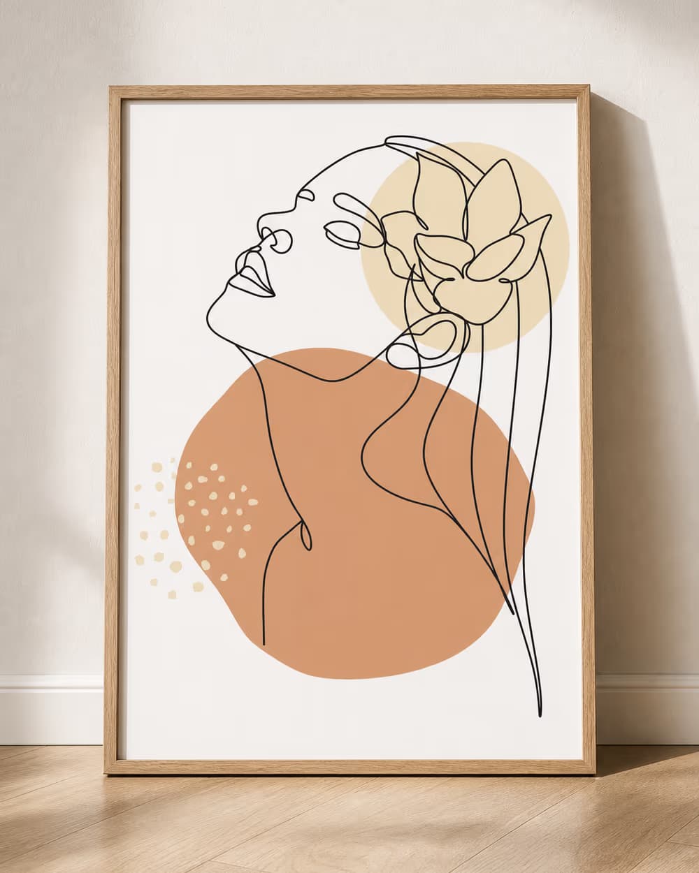 Abstracte lijntekening-poster in een minimalistische woonruimte